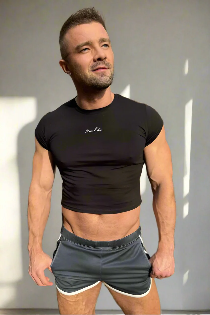 Muscle-Fit Crop Half-Sleeve Tee - Black - Image 5