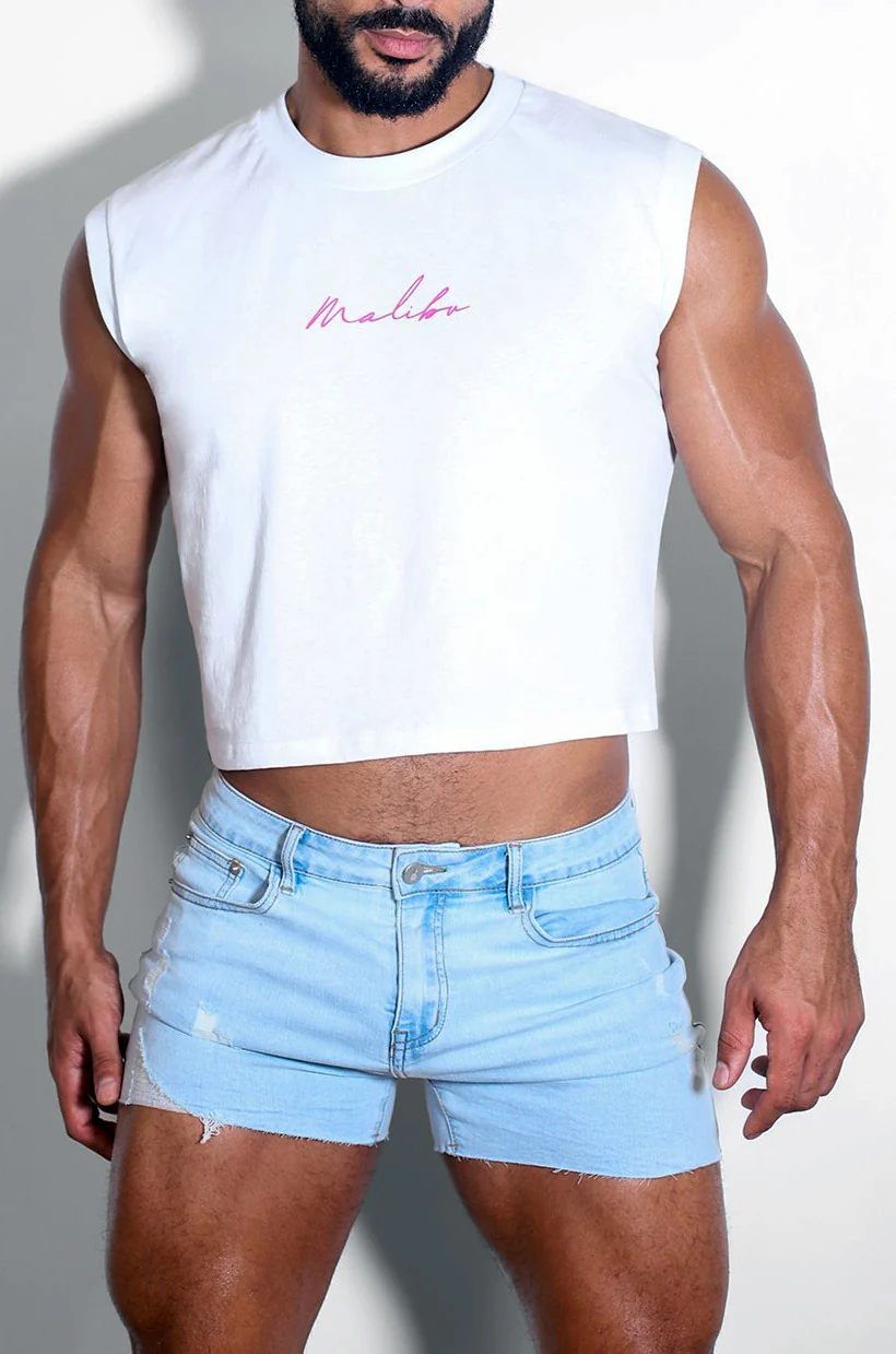 Escapism Muscle-Fit Crop Tank - White & Purple Logo - Image 3