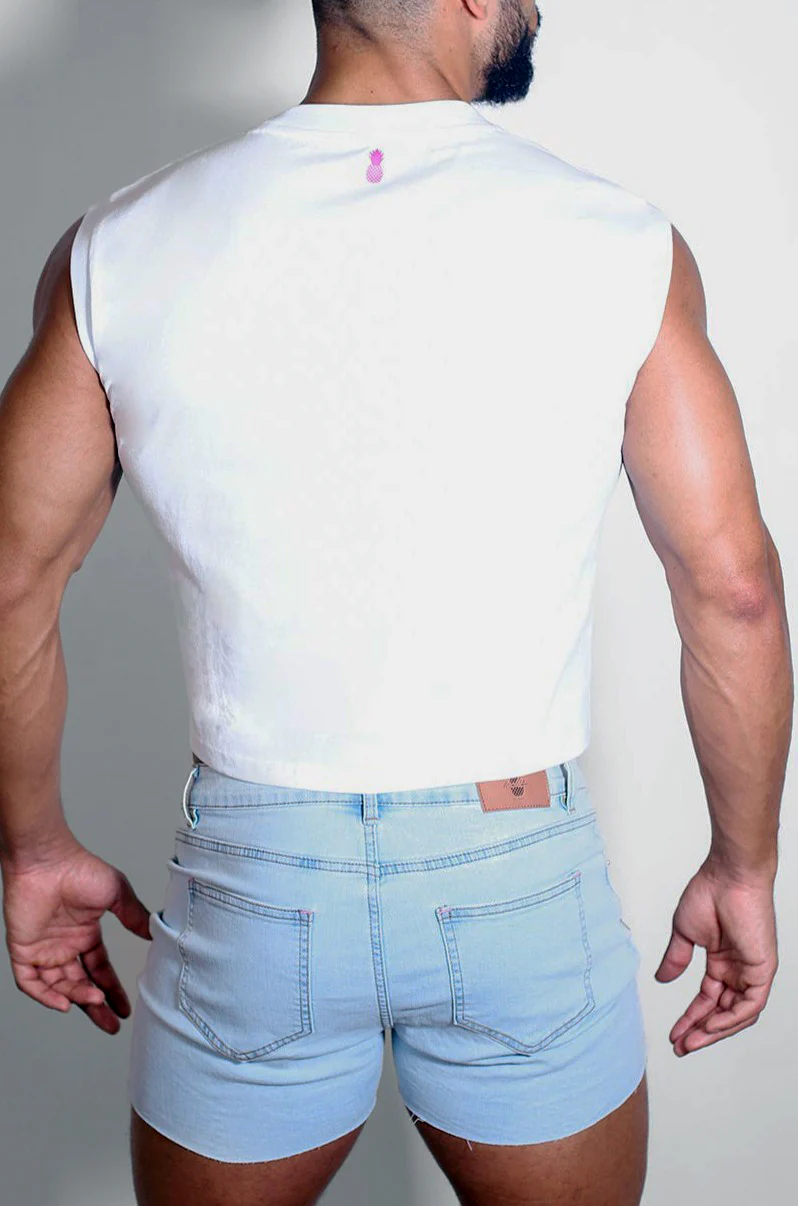 Escapism Muscle-Fit Crop Tank - White & Purple Logo - Image 5