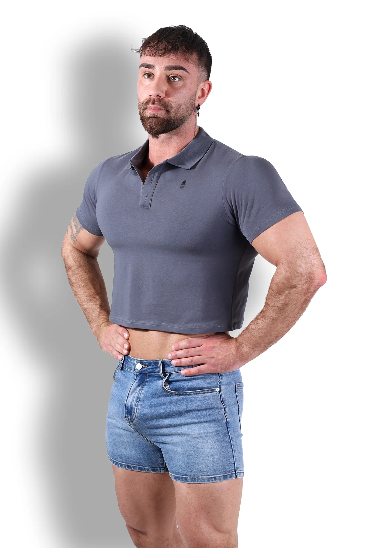 Fitted Polo Crop Top - Dark Grey - Image 4