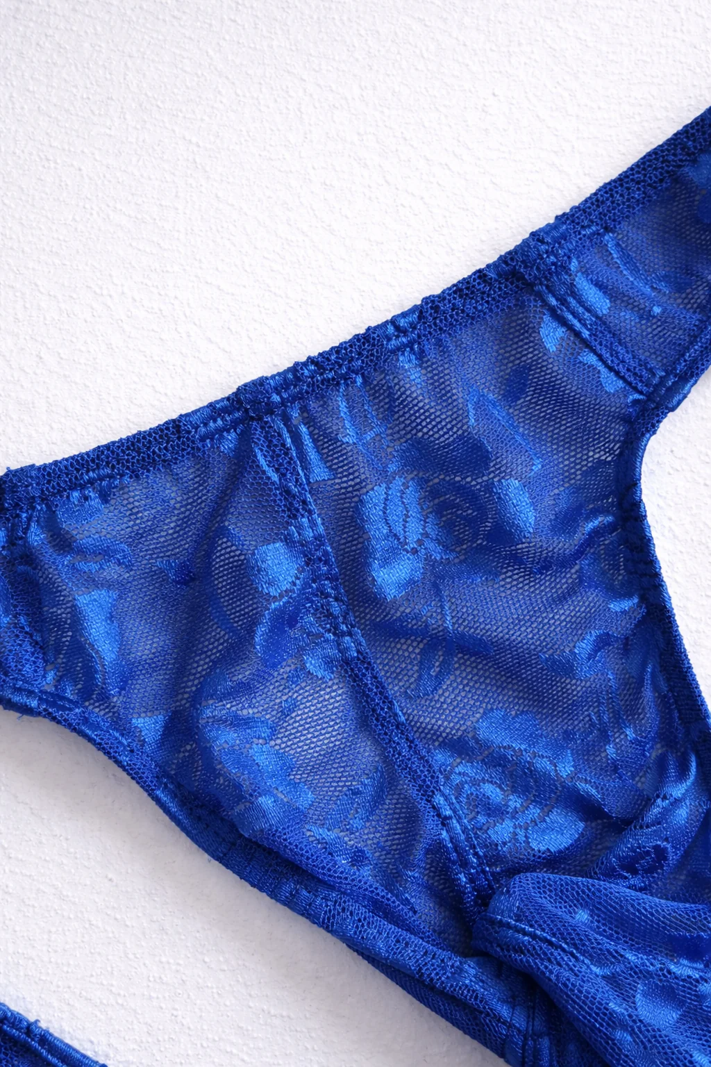 Veiled Floral Lace Thong - Royal Blue - Image 3